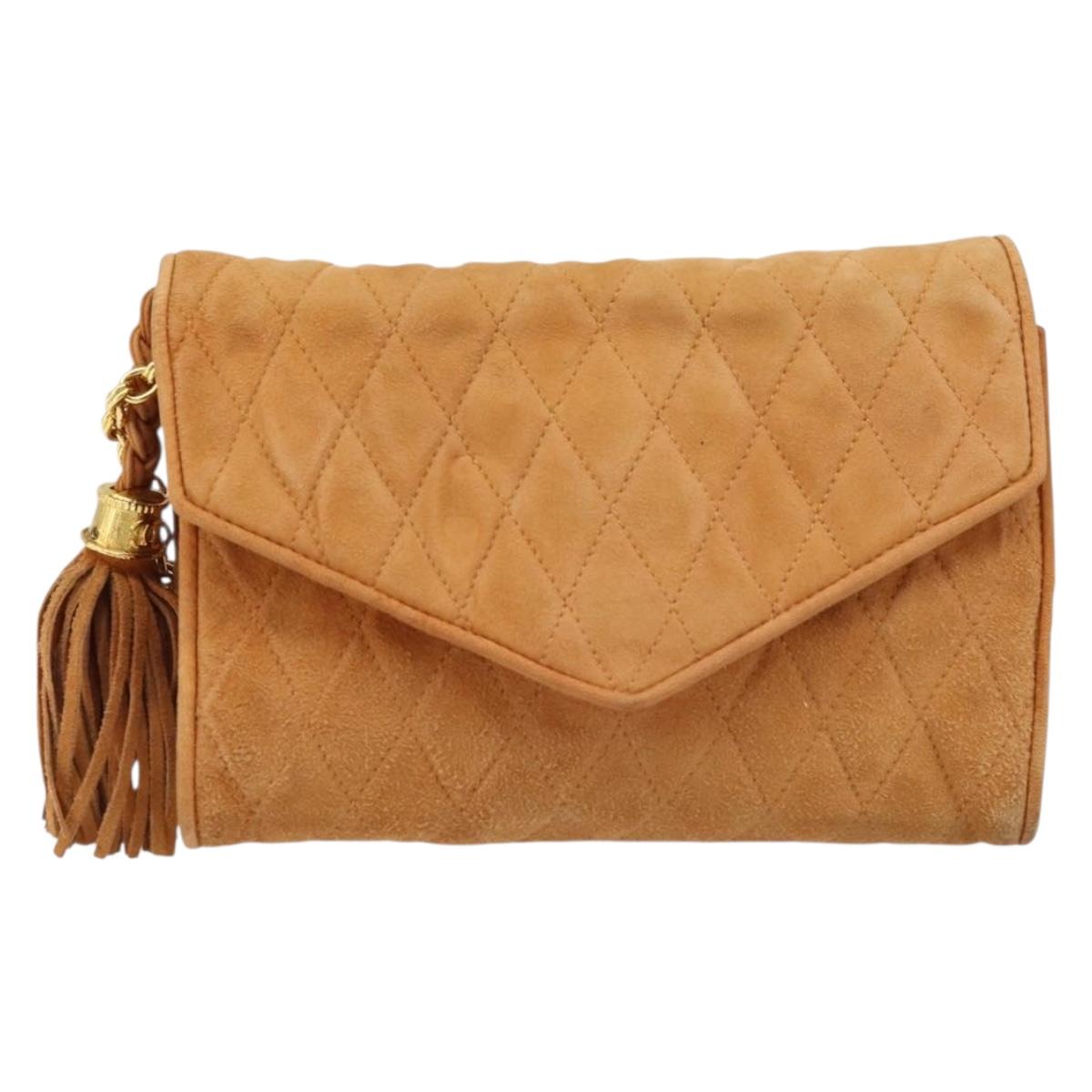 CHANEL Chain Shoulder Bag Suede Brown Gold CC Auth bs33823