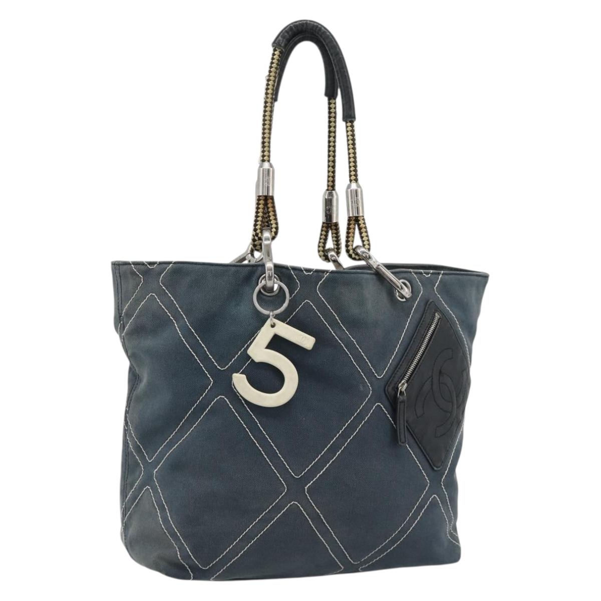 CHANEL Tote Bag Canvas Navy Silver CC Auth bs33826