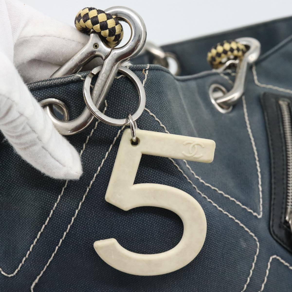 CHANEL Tote Bag Canvas Navy Silver CC Auth bs33826