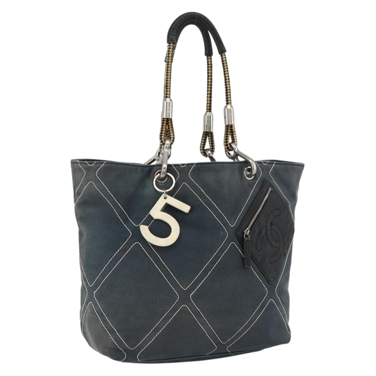 CHANEL Tote Bag Canvas Navy Silver CC Auth bs33826
