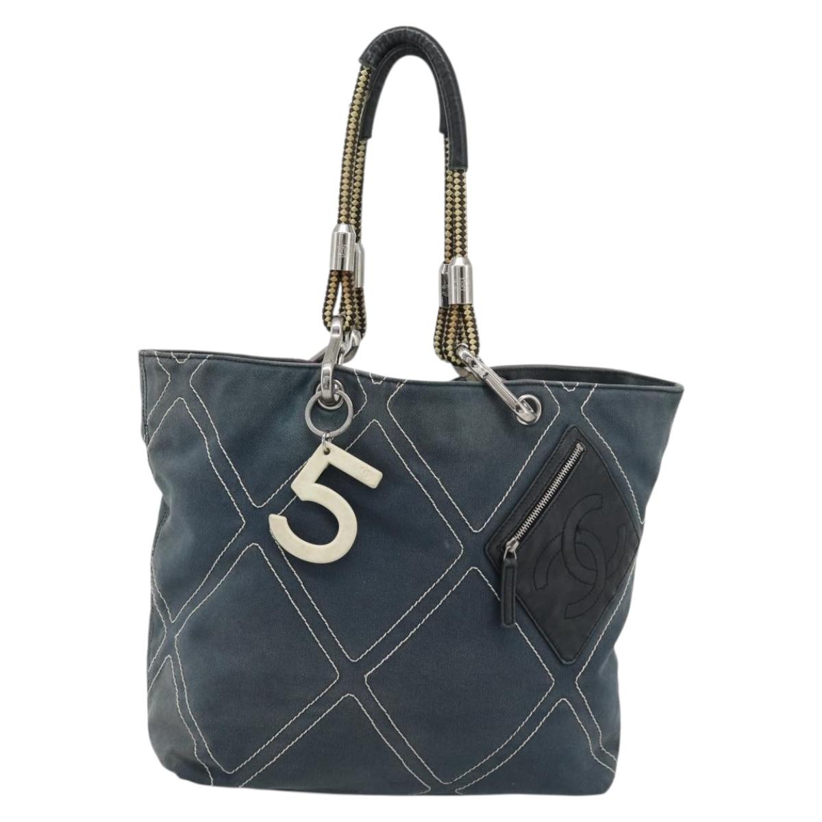 CHANEL Tote Bag Canvas Navy Silver CC Auth bs33826