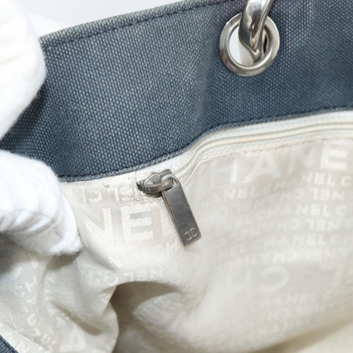 CHANEL Tote Bag Canvas Navy Silver CC Auth bs33826