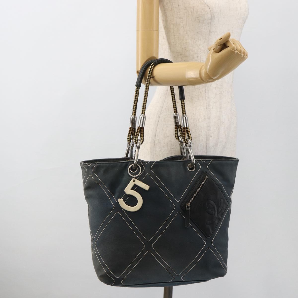 CHANEL Tote Bag Canvas Navy Silver CC Auth bs33826