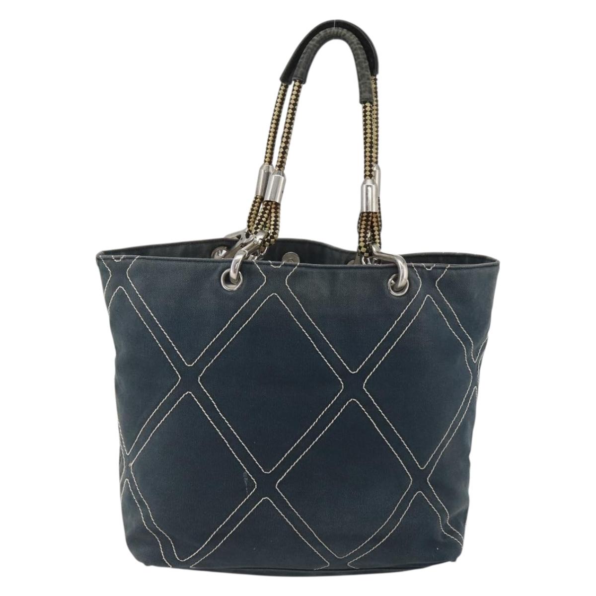 CHANEL Tote Bag Canvas Navy Silver CC Auth bs33826