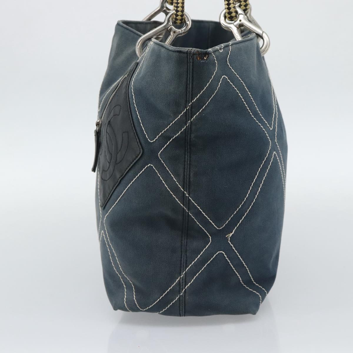 CHANEL Tote Bag Canvas Navy Silver CC Auth bs33826
