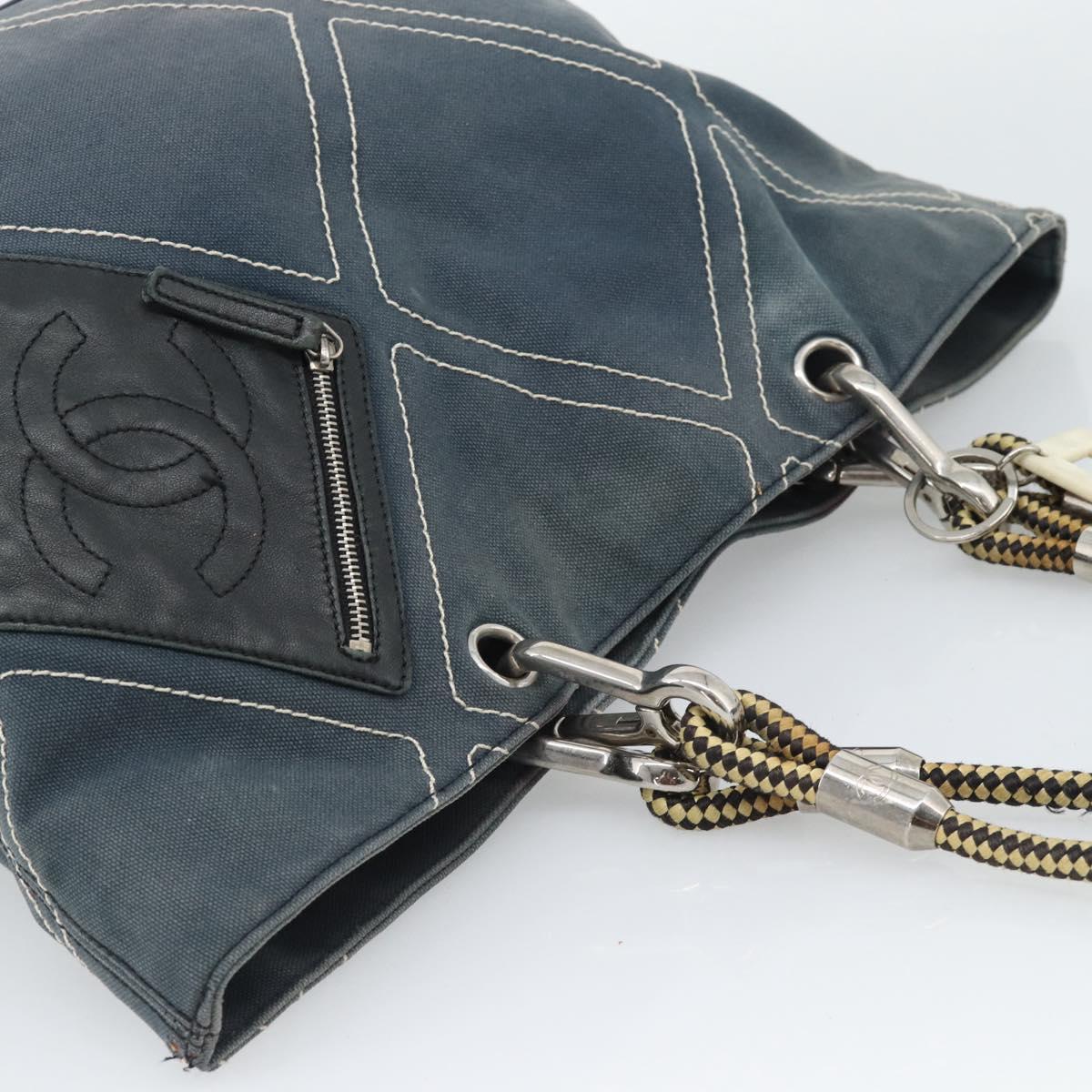 CHANEL Tote Bag Canvas Navy Silver CC Auth bs33826