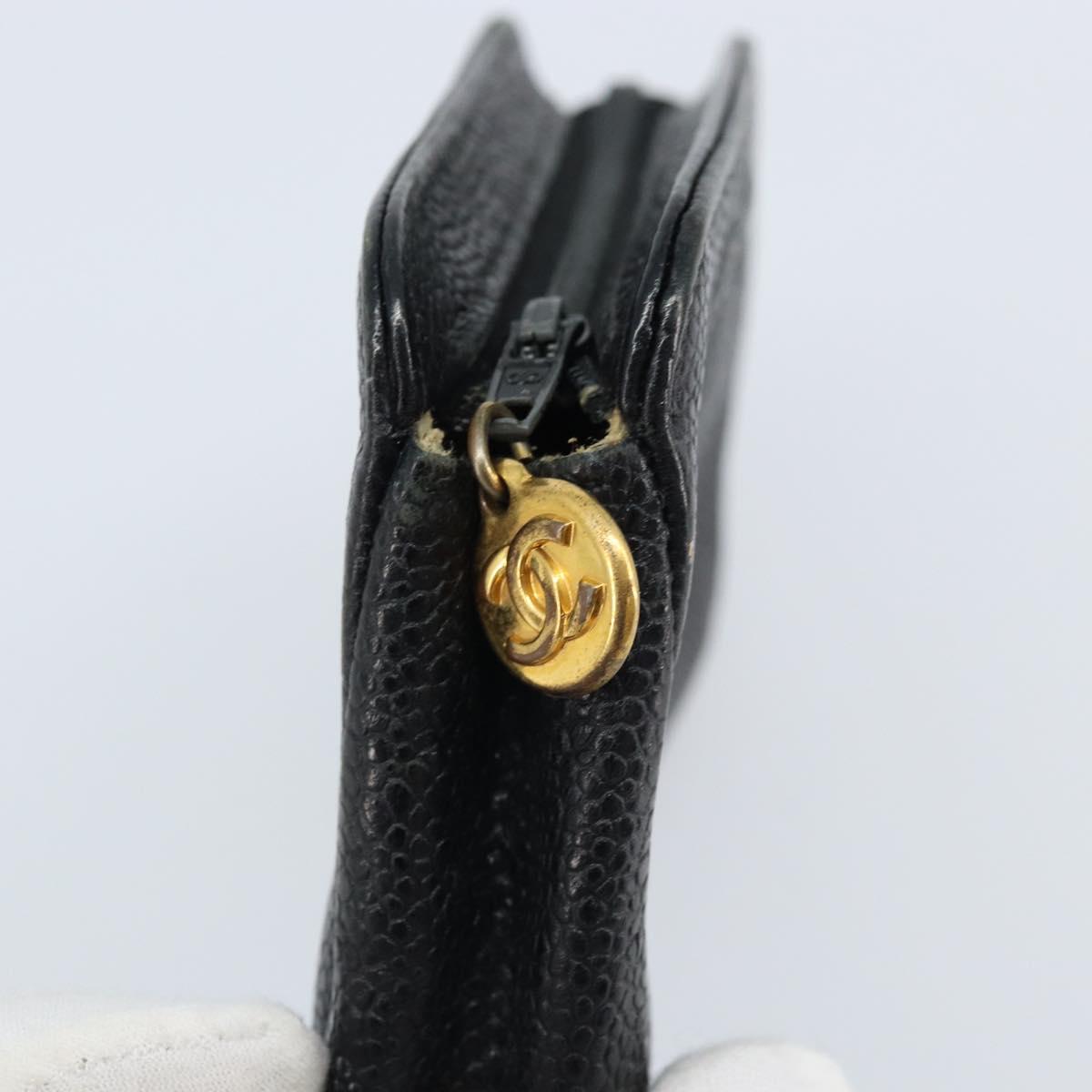 CHANEL Pouch Caviar Skin Black Gold CC Auth bs33828