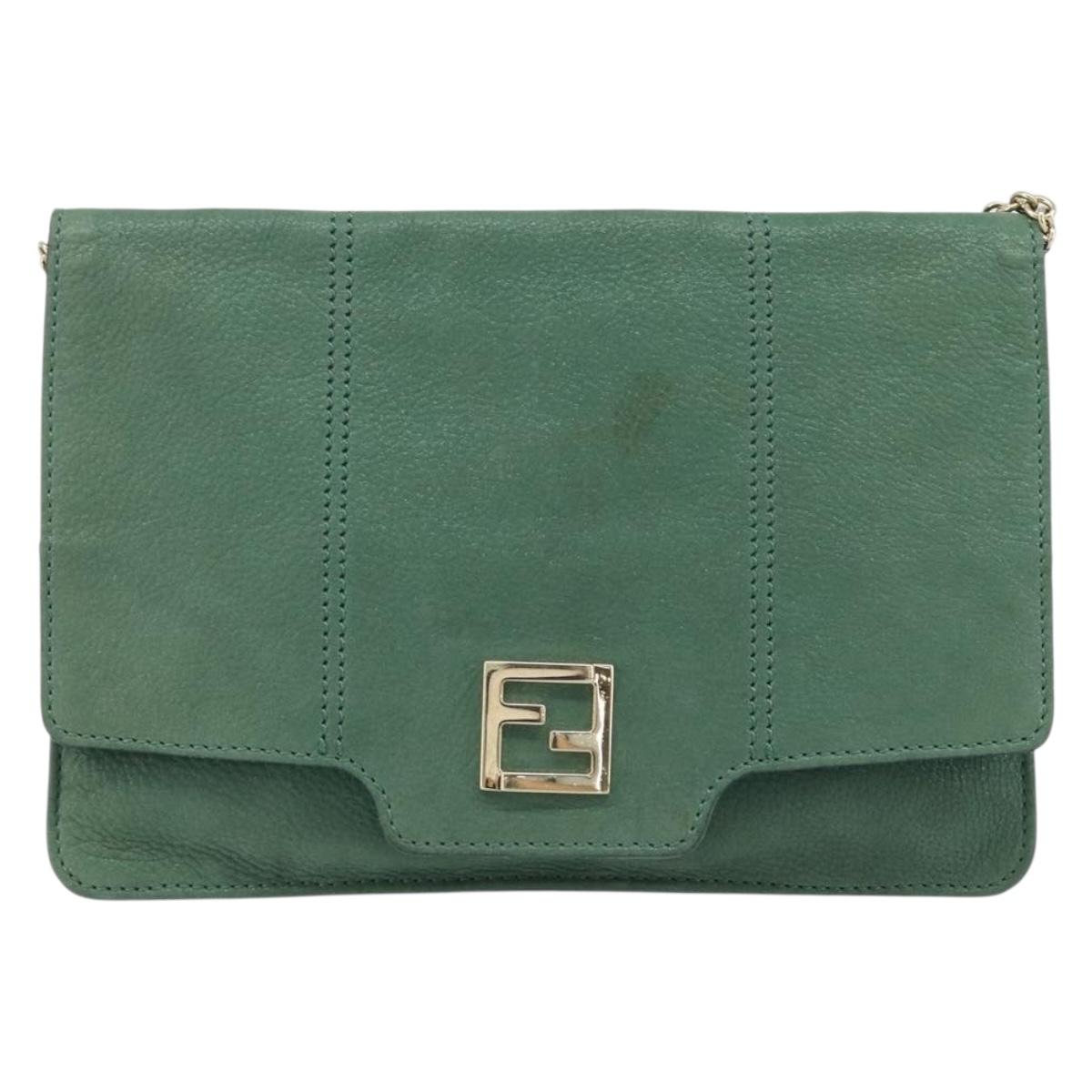 FENDI Chain Shoulder Bag Leather Green Gold Auth bs33834