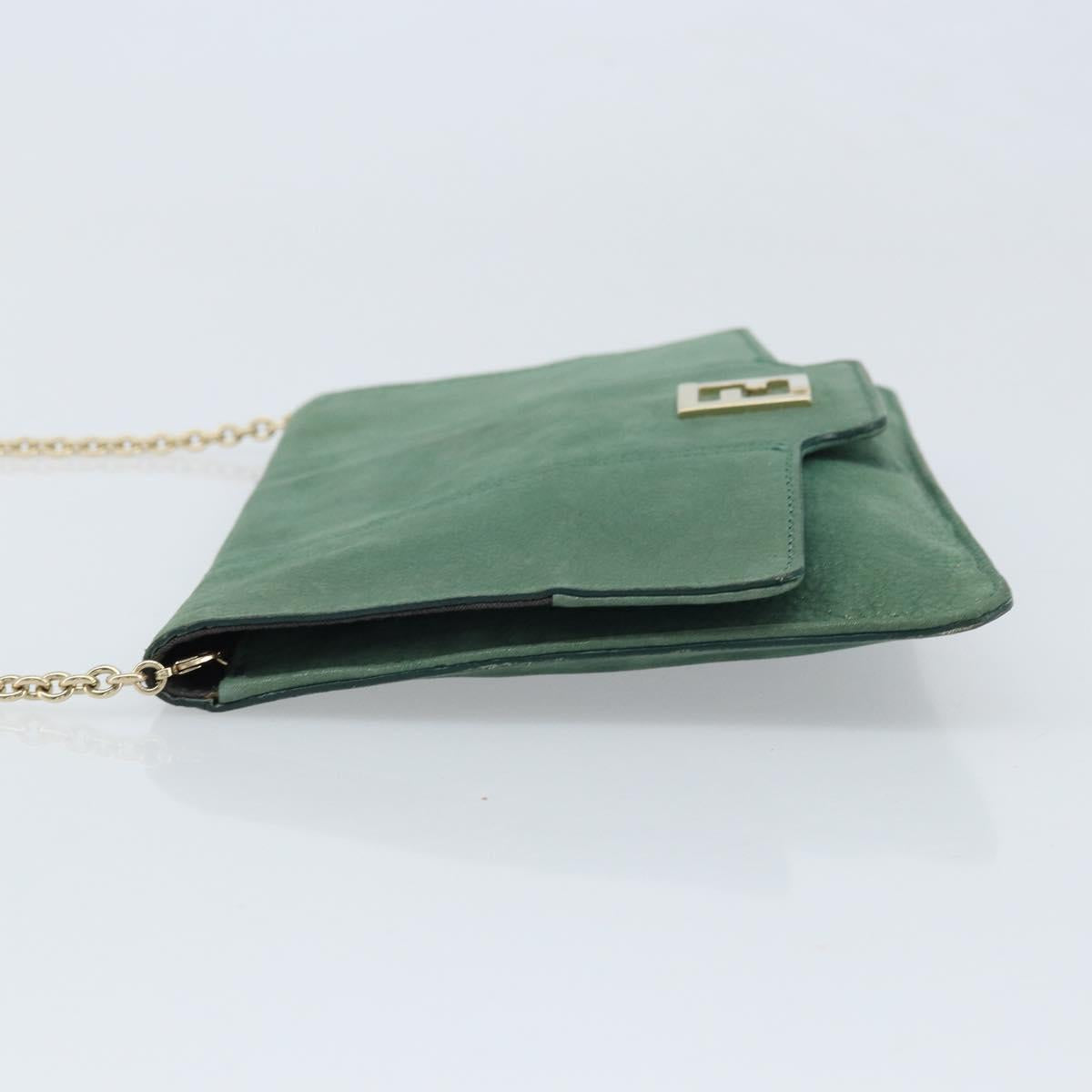 FENDI Chain Shoulder Bag Leather Green Gold Auth bs33834