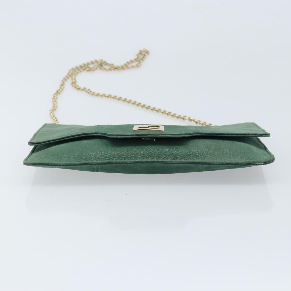 FENDI Chain Shoulder Bag Leather Green Gold Auth bs33834
