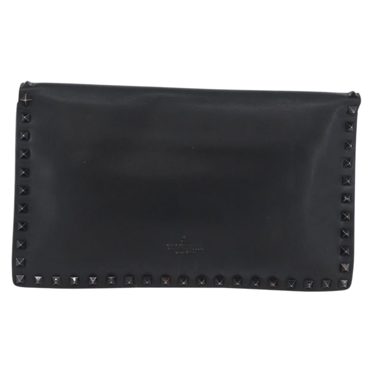 VALENTINO Clutch Bag Leather Black Auth bs33847