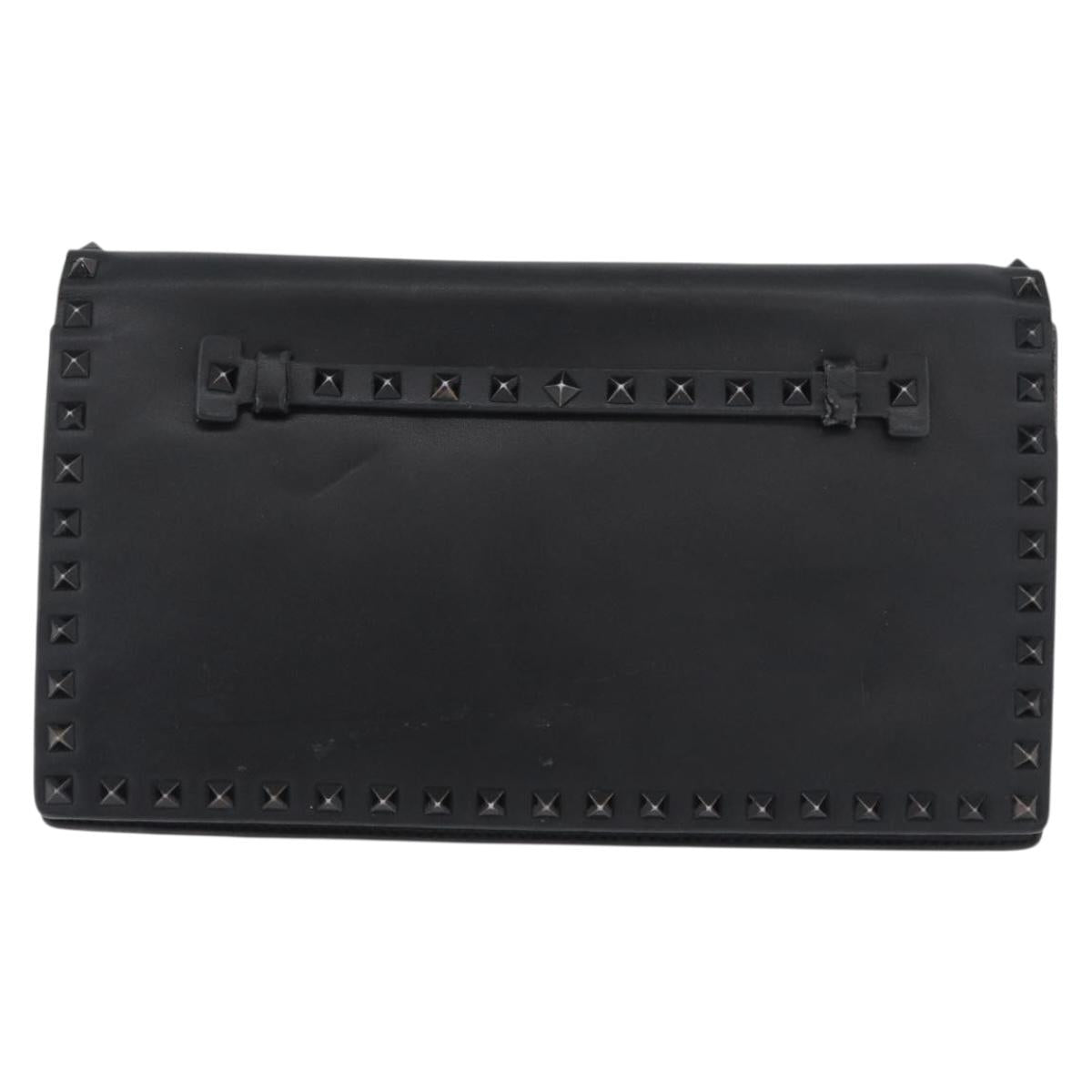 VALENTINO Clutch Bag Leather Black Auth bs33847