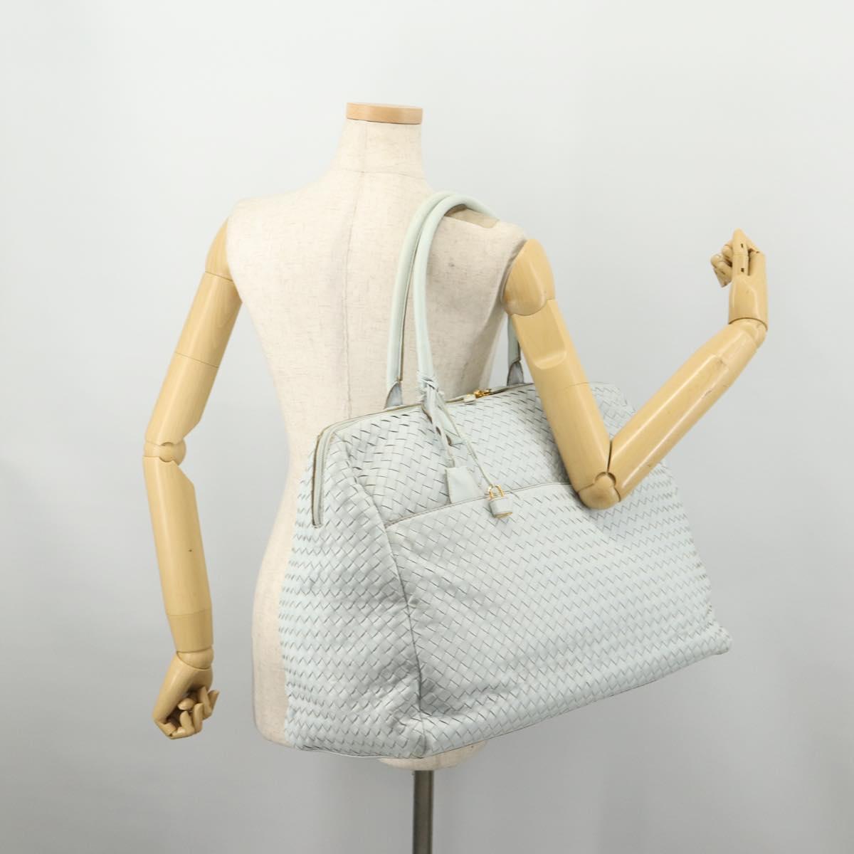 BOTTEGA VENETA INTRECCIATO Boston Bag Leather Light Blue Gold Auth bs33848