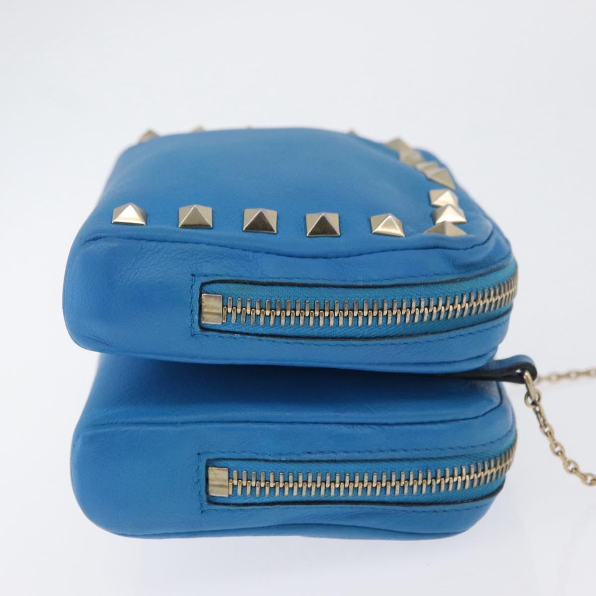 VALENTINO Chain Shoulder Bag Leather Blue Gold Auth bs33850