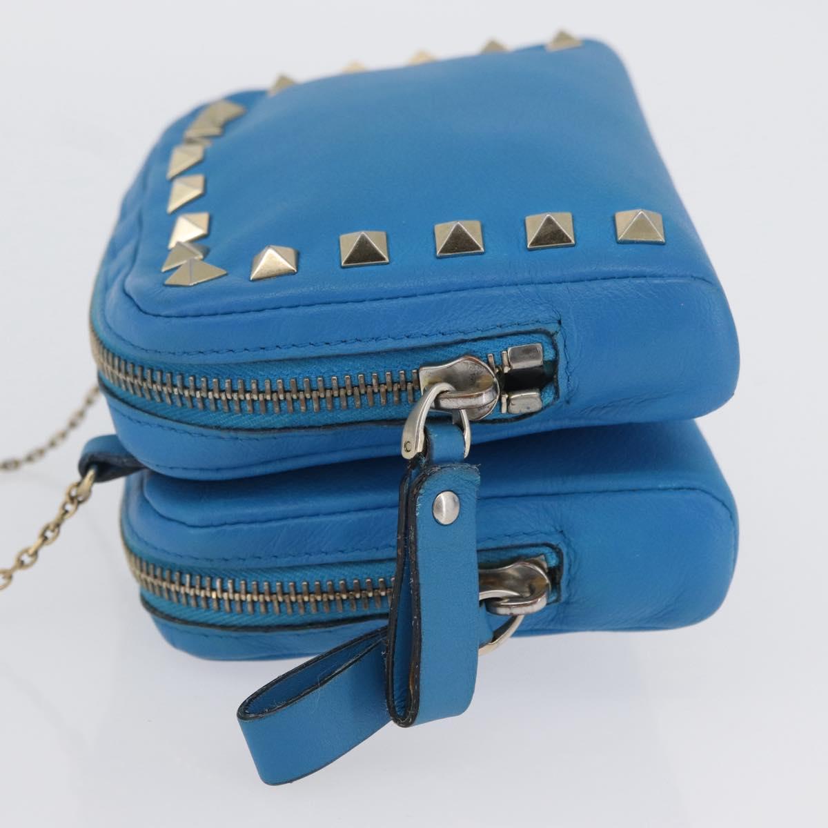 VALENTINO Chain Shoulder Bag Leather Blue Gold Auth bs33850