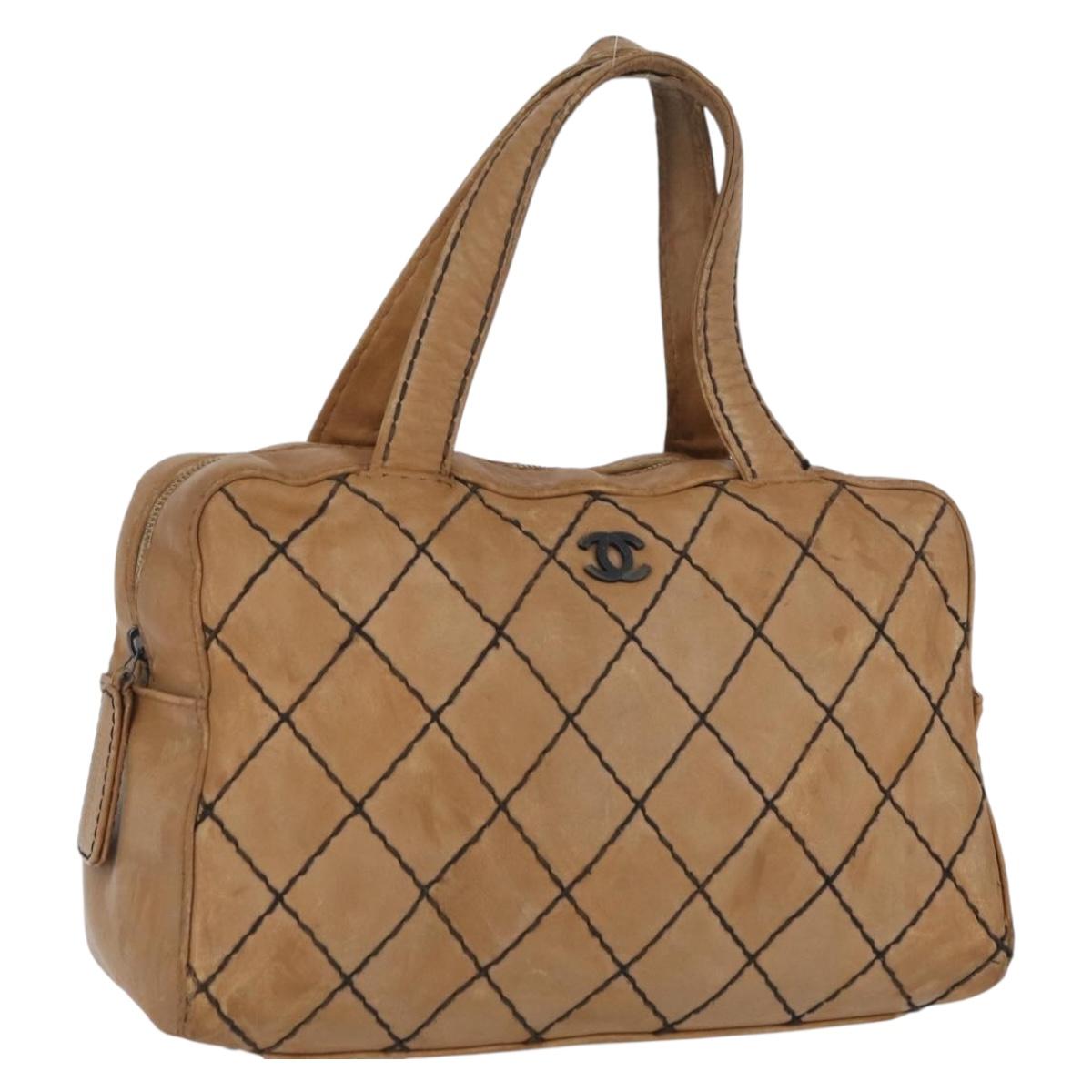 CHANEL Wild Stitch Hand Bag Leather Beige CC Auth bs33863