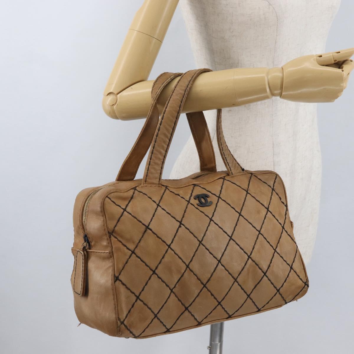 CHANEL Wild Stitch Hand Bag Leather Beige CC Auth bs33863