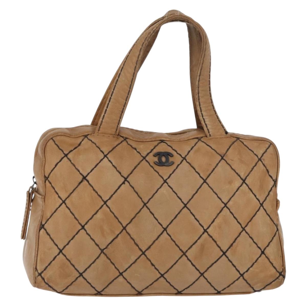 CHANEL Wild Stitch Hand Bag Leather Beige CC Auth bs33863