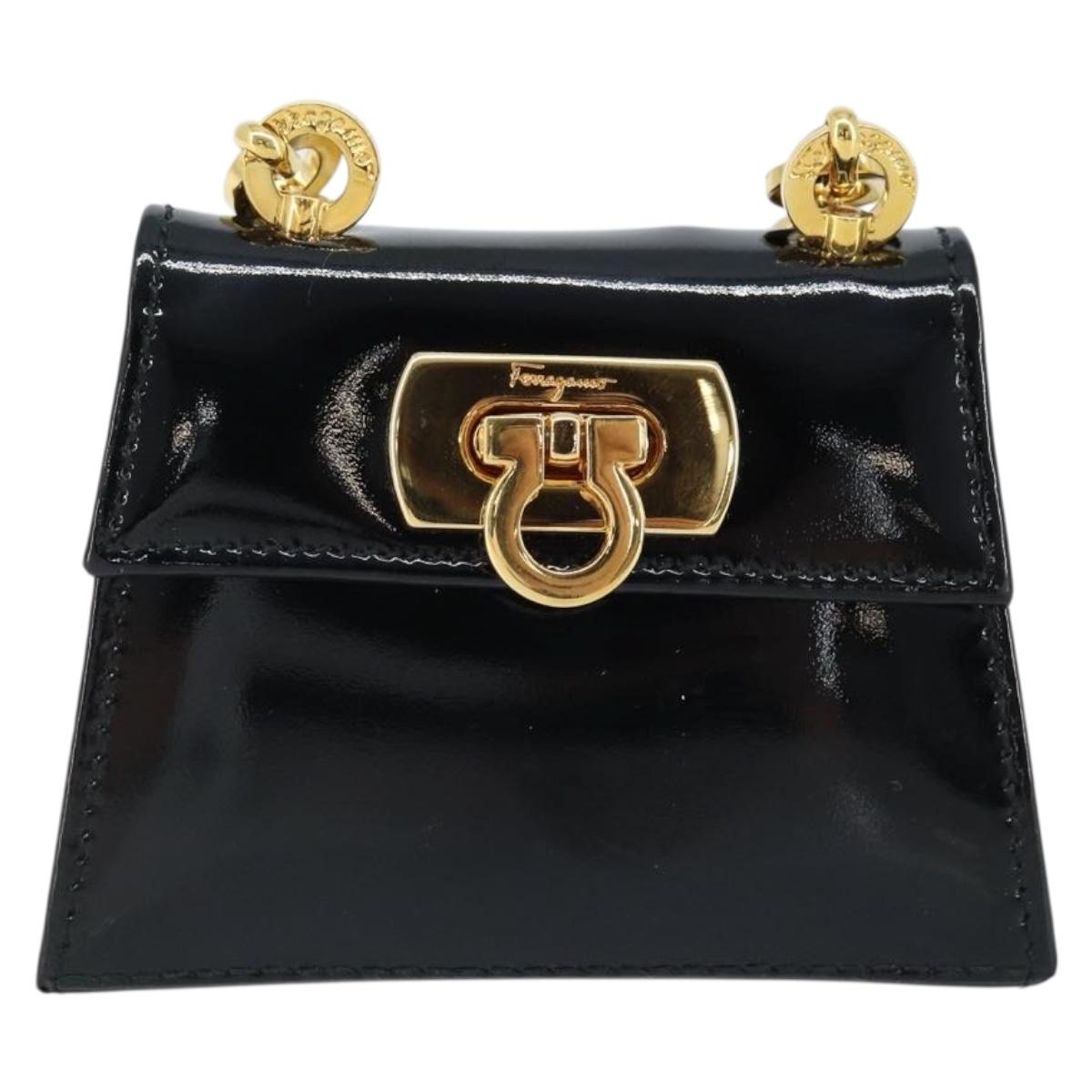 Salvatore Ferragamo Pouch Gancini Bag Patent leather Black Gold Auth bs33884