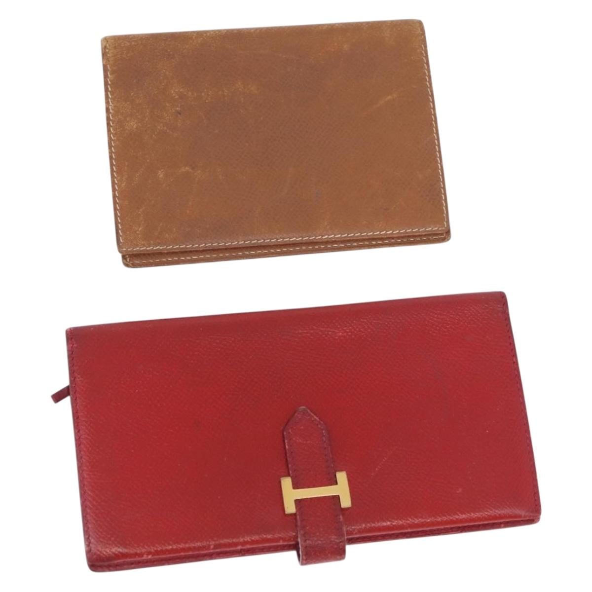 HERMES Wallet Leather 2 Set Brown Red Auth bs33891