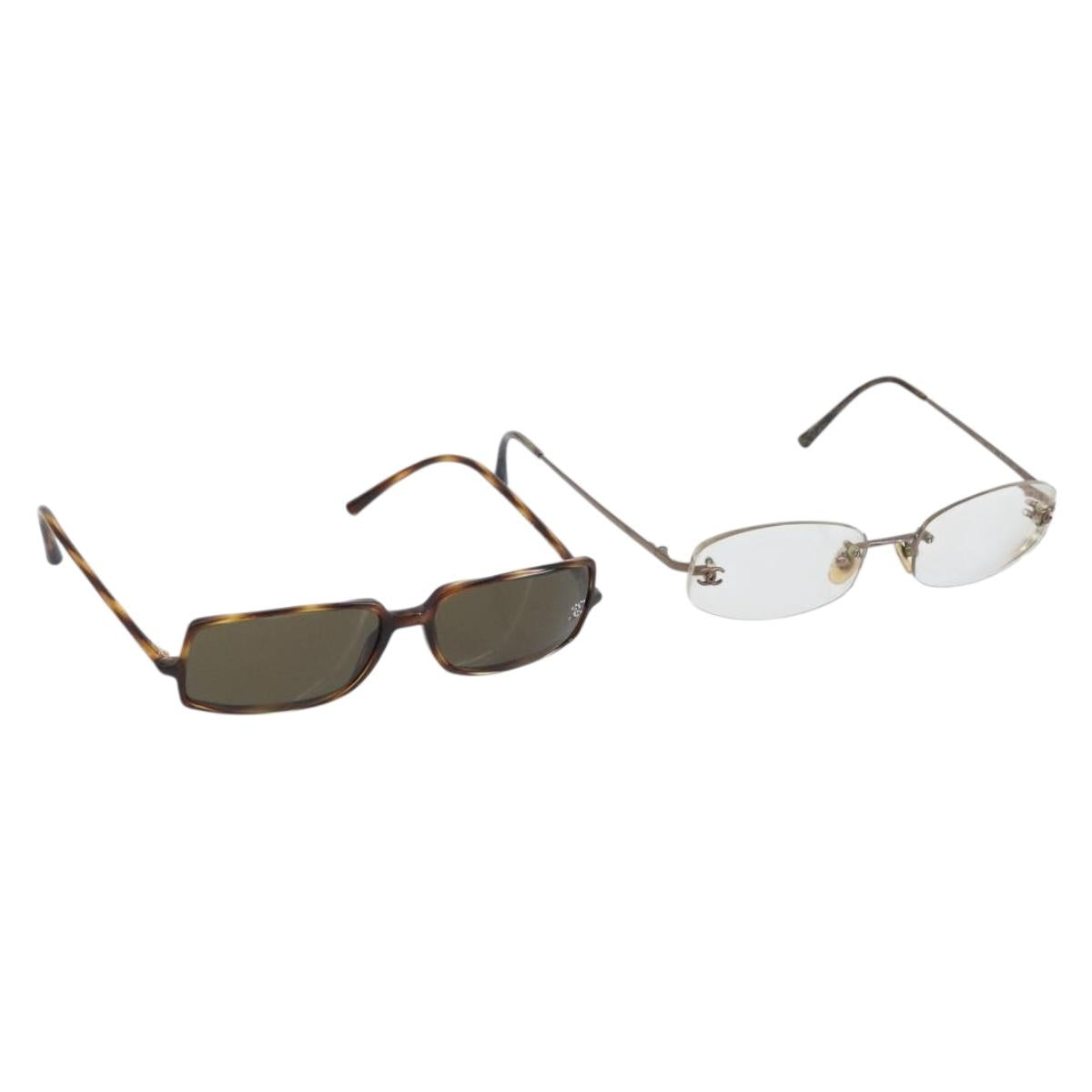 CHANEL Glasses plastic 2 Set Brown CC Auth bs33893