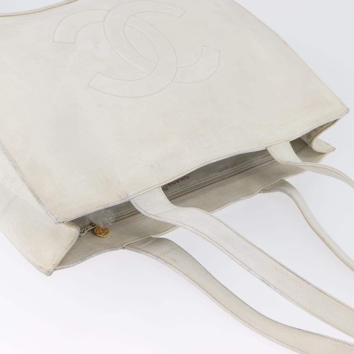 CHANEL Tote Bag Caviar Skin White Gold CC Auth bs33899