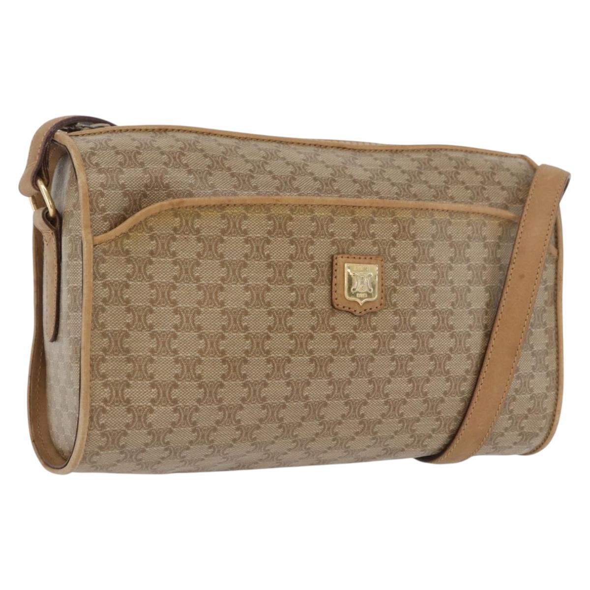 CELINE Macadam Canvas Shoulder Bag Beige Gold Auth bs33904