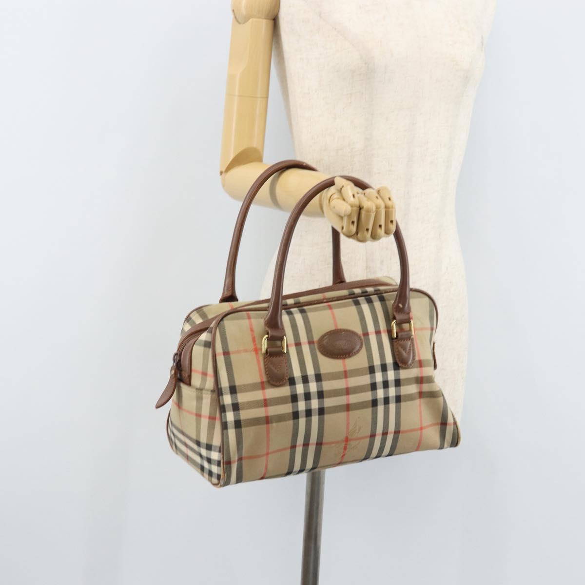 BURBERRY Nova Check Hand Bag Canvas Gold Beige Auth bs33928