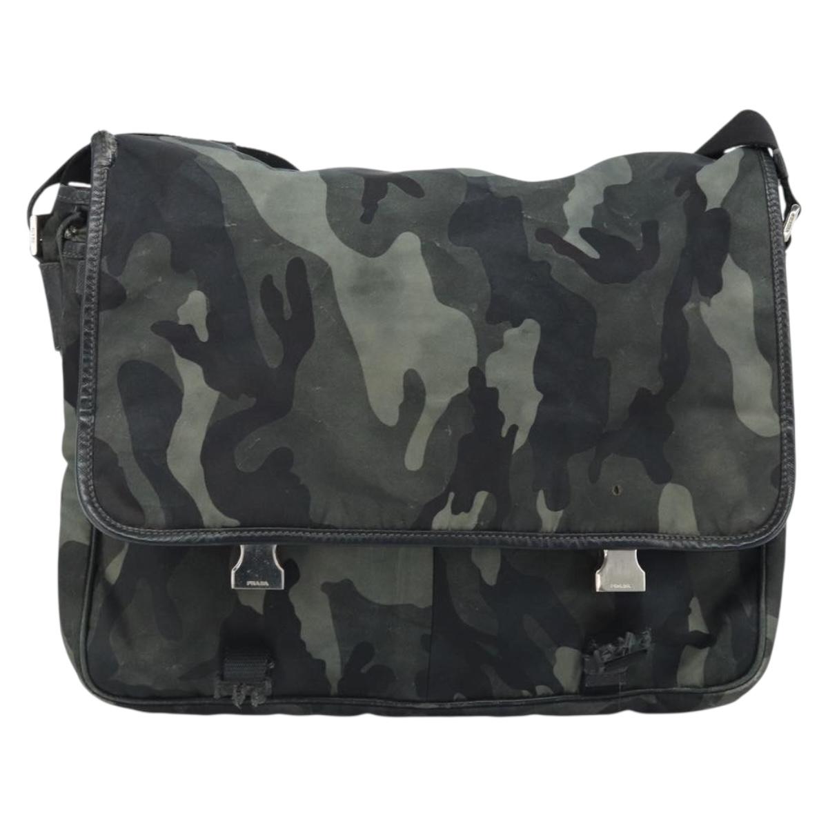 PRADA Shoulder Bag Nylon Khaki Silver Auth bs33935