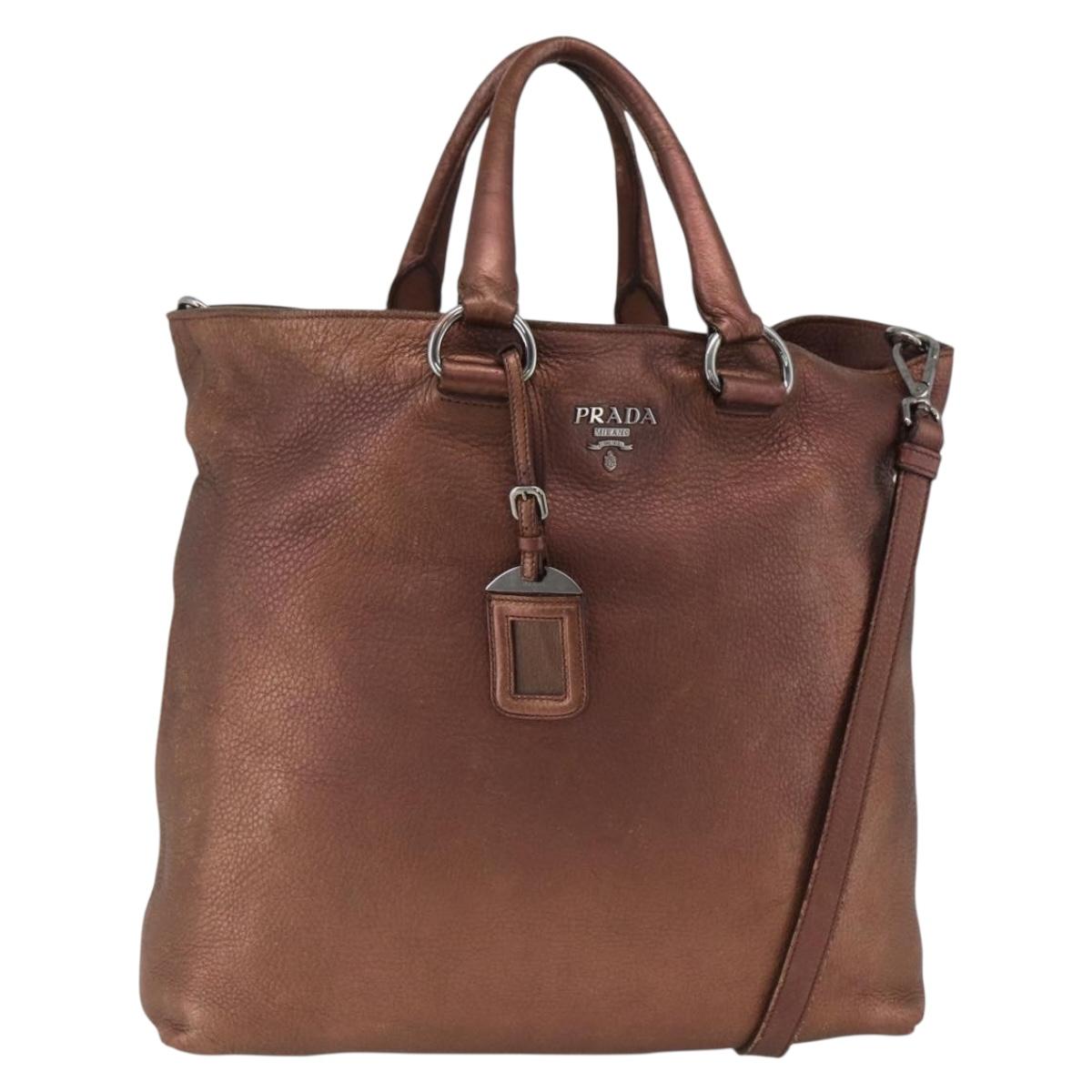 PRADA Hand Bag Leather 2way Bronze Silver Auth bs33982