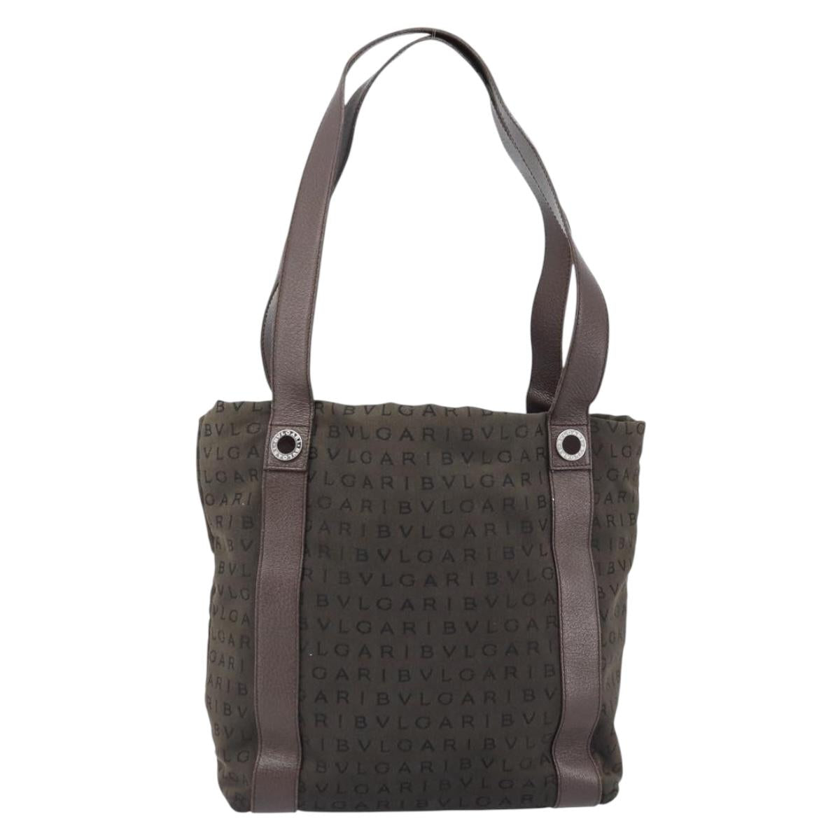 BVLGARI Shoulder Bag Canvas Brown Silver Auth bs33988