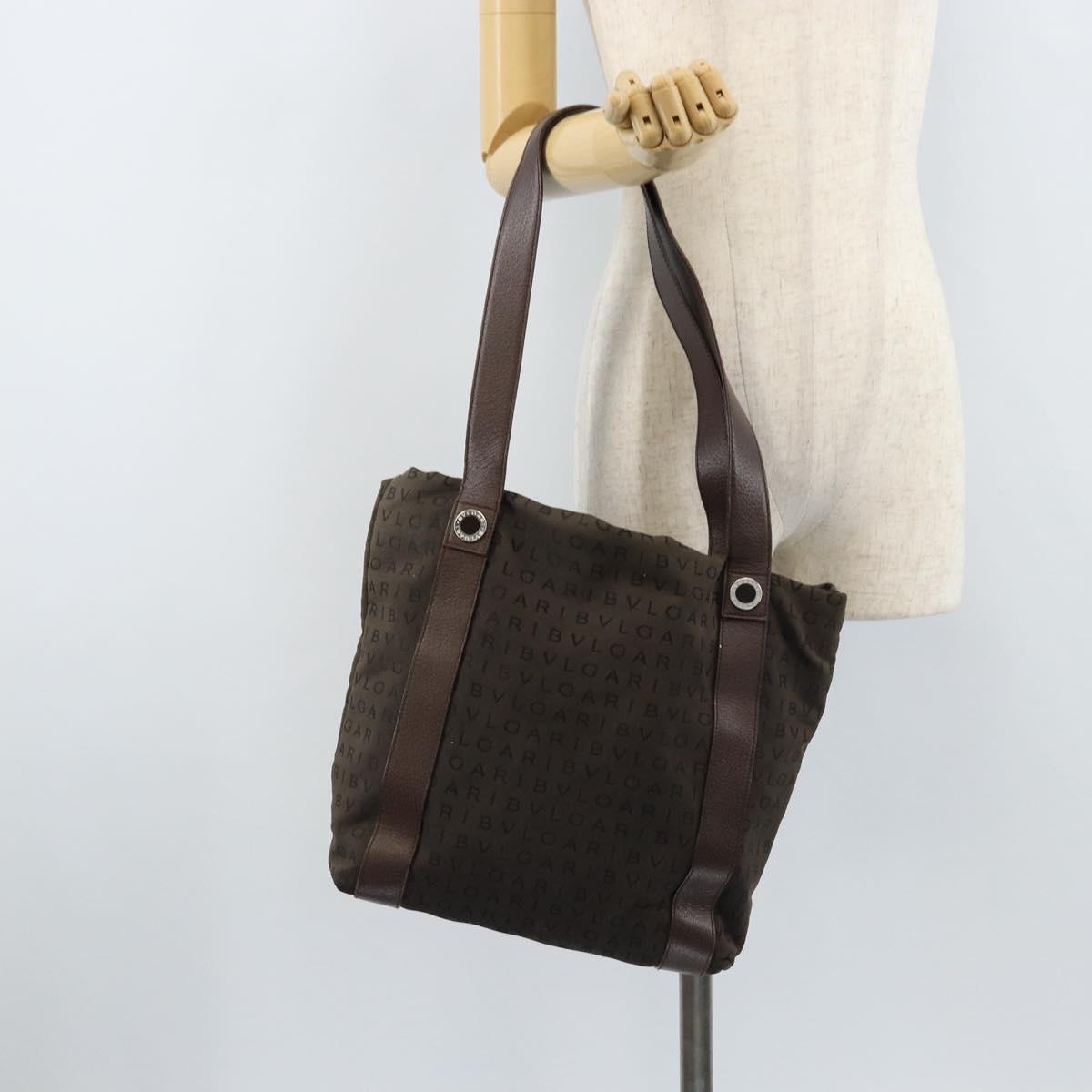 BVLGARI Shoulder Bag Canvas Brown Silver Auth bs33988