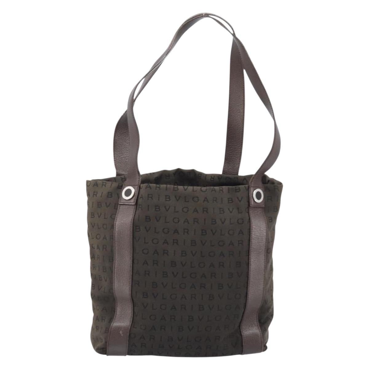 BVLGARI Shoulder Bag Canvas Brown Silver Auth bs33988