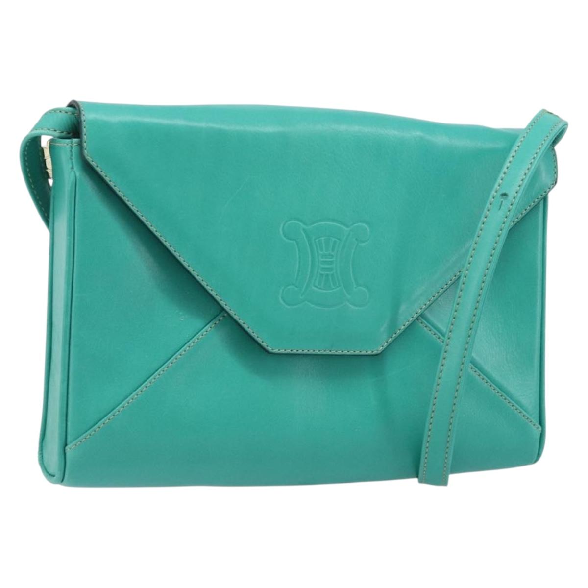 CELINE Shoulder Bag Leather Gold Emerald Green Auth bs34009