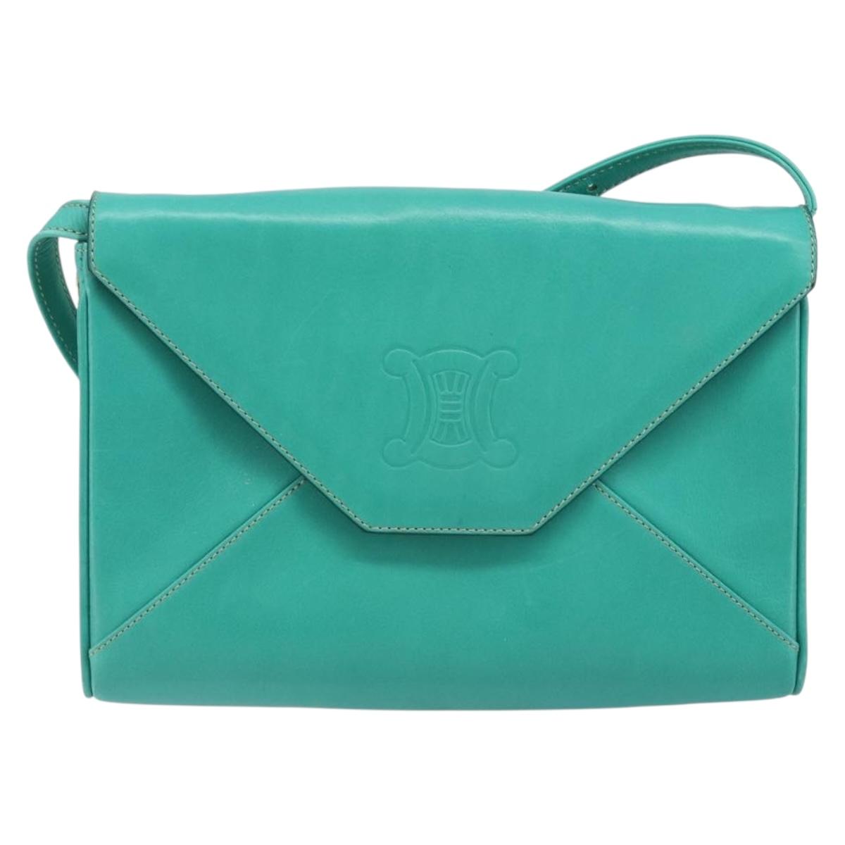 CELINE Shoulder Bag Leather Gold Emerald Green Auth bs34009