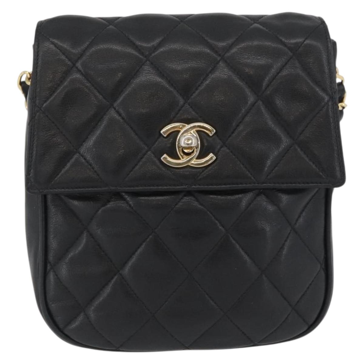 CHANEL Matelasse Chain Shoulder Bag Lamb Skin Black Gold CC Auth bs34036