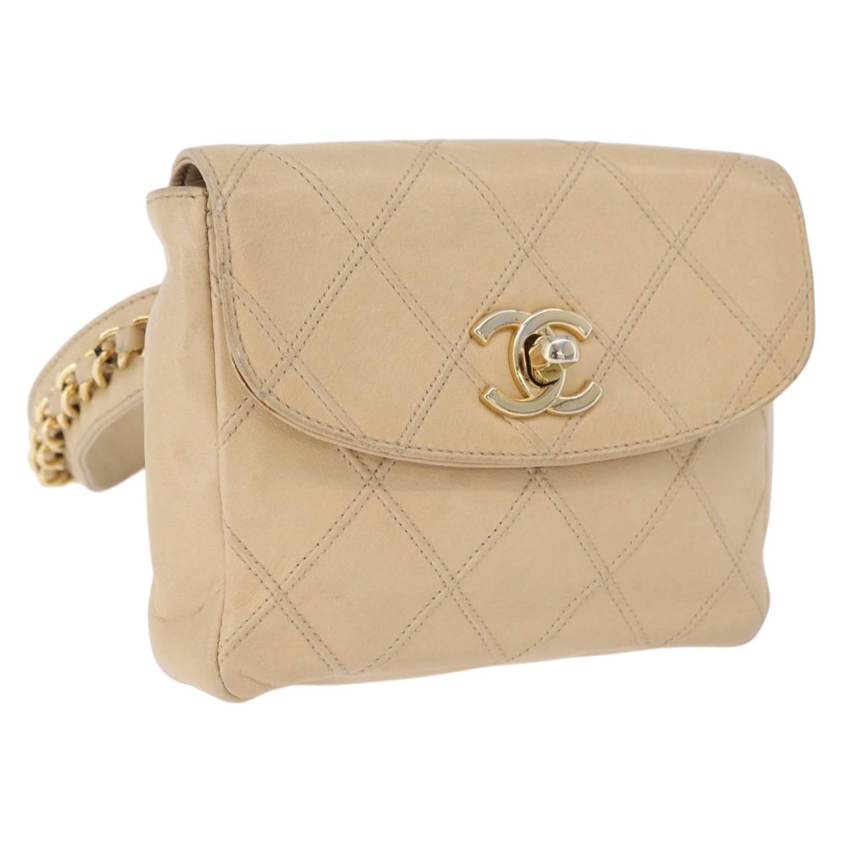 CHANEL Waist bag Lamb Skin Beige Gold CC Auth bs34038
