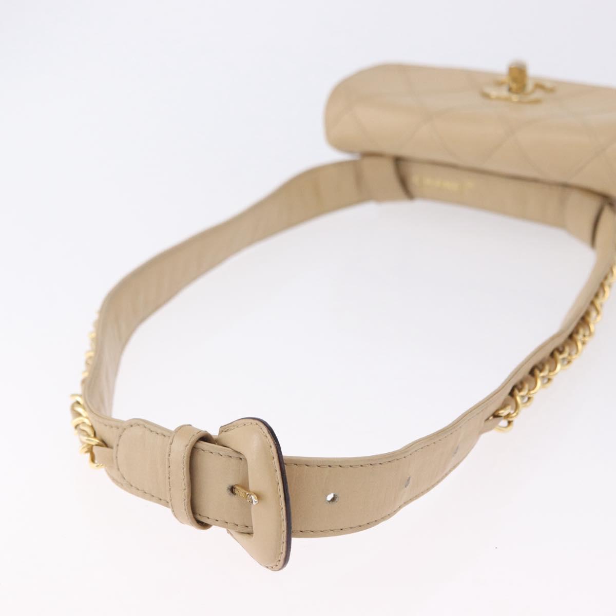 CHANEL Waist bag Lamb Skin Beige Gold CC Auth bs34038
