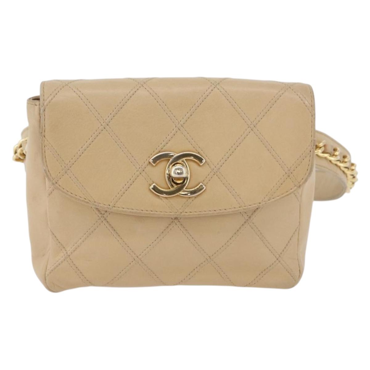 CHANEL Waist bag Lamb Skin Beige Gold CC Auth bs34038