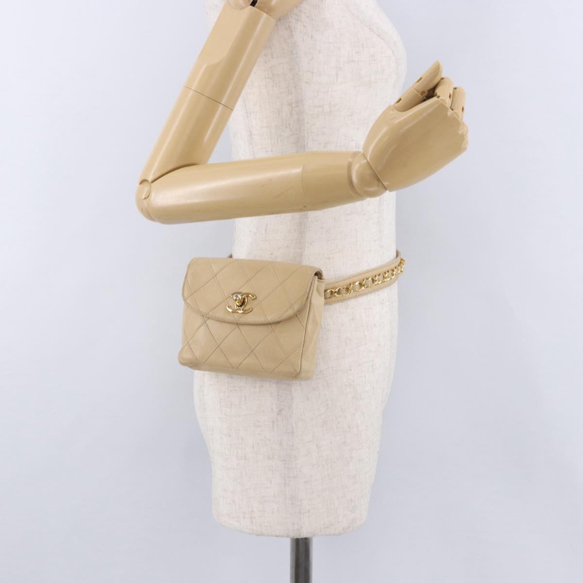 CHANEL Waist bag Lamb Skin Beige Gold CC Auth bs34038