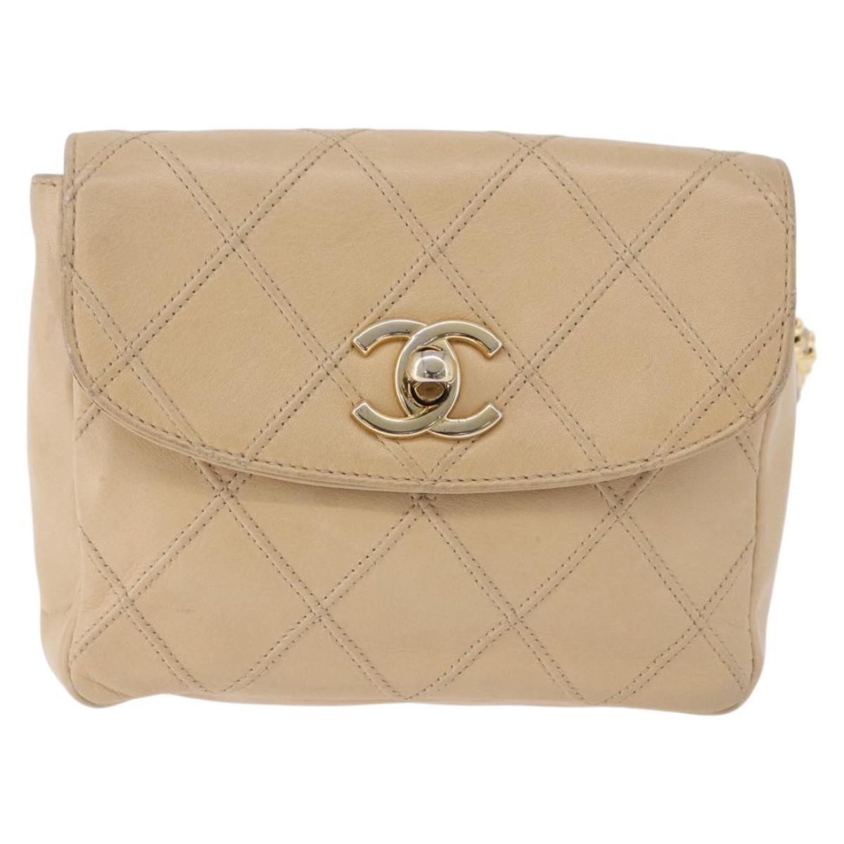CHANEL Waist bag Lamb Skin Beige Gold CC Auth bs34038