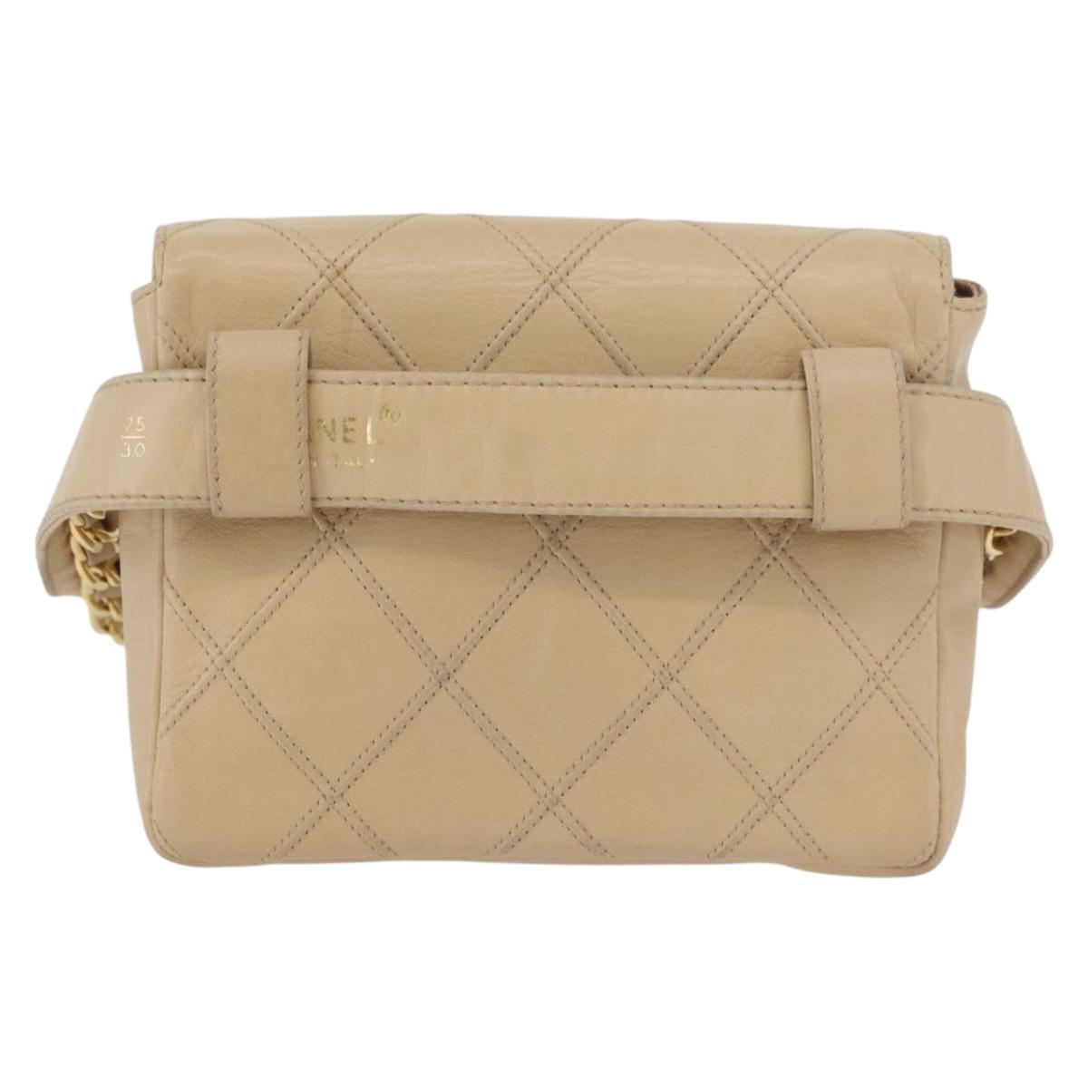 CHANEL Waist bag Lamb Skin Beige Gold CC Auth bs34038