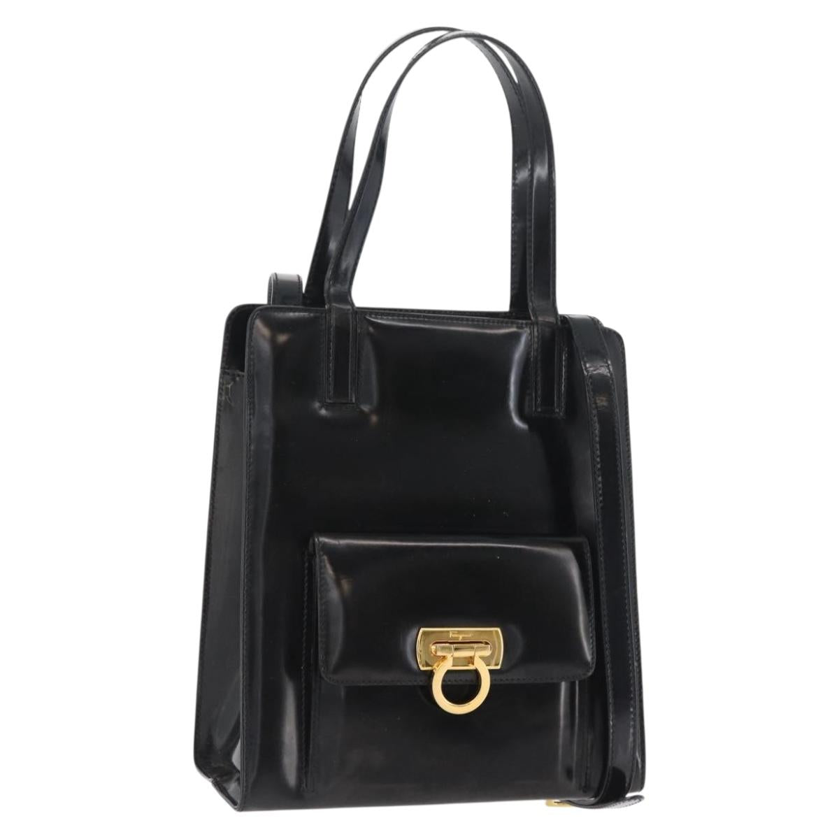 Salvatore Ferragamo Gancini Hand Bag Patent leather 2way Black Gold Auth bs34043