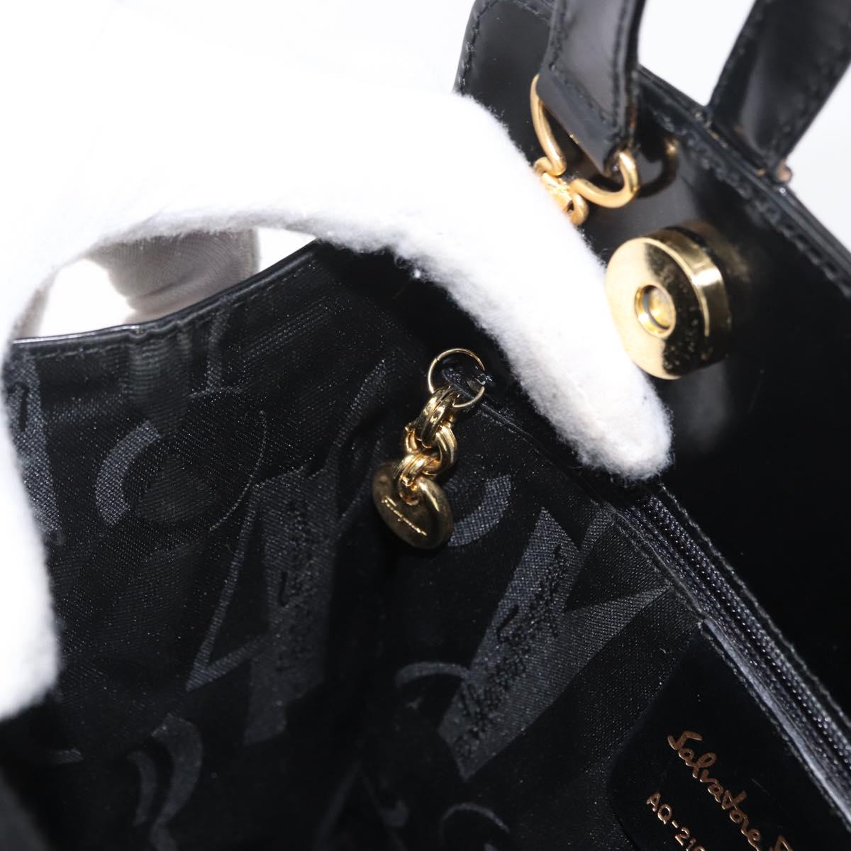Salvatore Ferragamo Gancini Hand Bag Patent leather 2way Black Gold Auth bs34043
