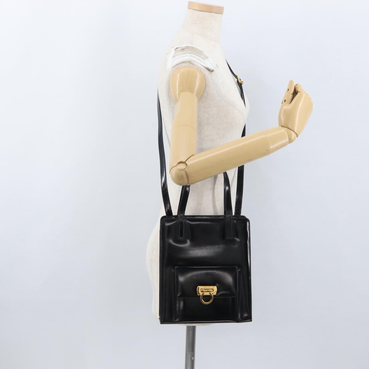 Salvatore Ferragamo Gancini Hand Bag Patent leather 2way Black Gold Auth bs34043