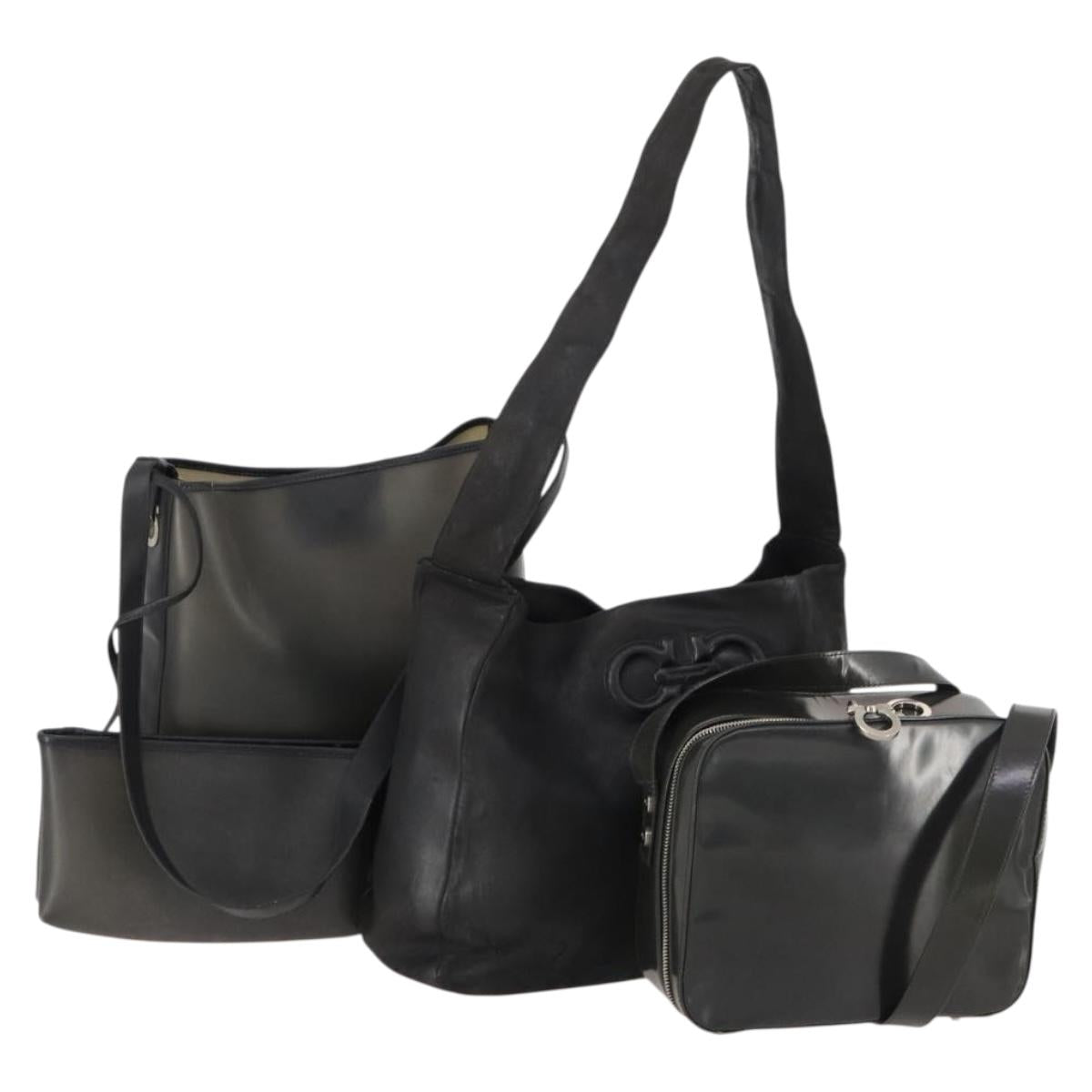 Salvatore Ferragamo Hand Bag Leather 3 Set Black Auth bs34044