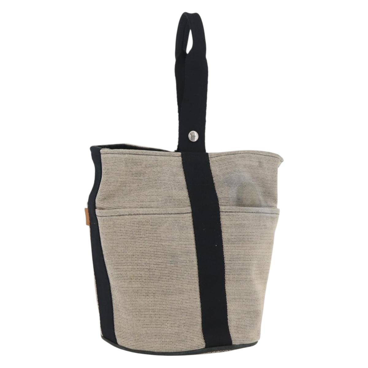 HERMES Sakso MM Hand Bag Canvas Beige Silver Auth bs34048