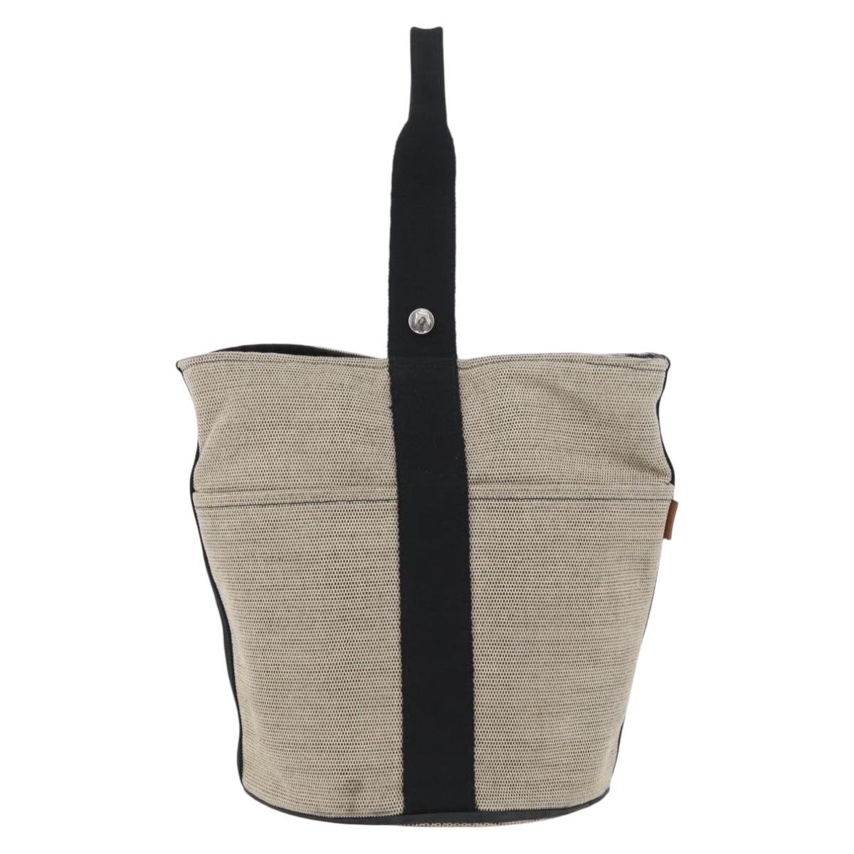 HERMES Sakso MM Hand Bag Canvas Beige Silver Auth bs34048