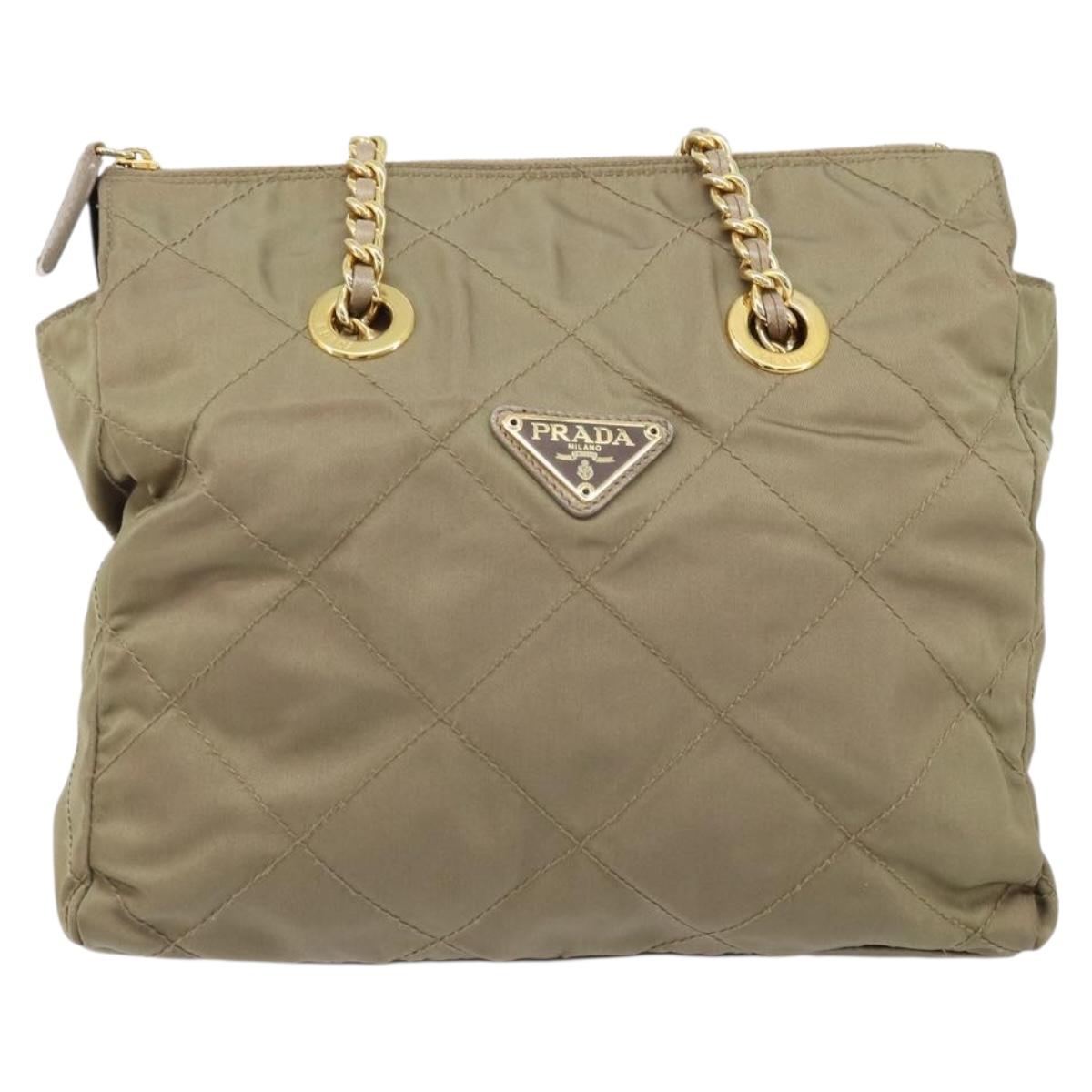 PRADA Chain Shoulder Bag Nylon Beige Gold Auth bs34053