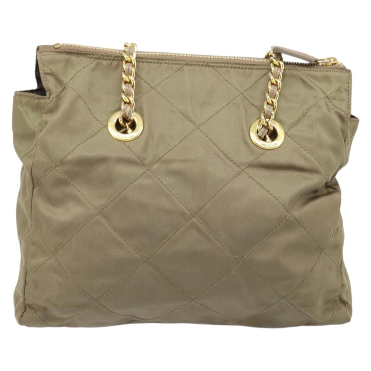 PRADA Chain Shoulder Bag Nylon Beige Gold Auth bs34053